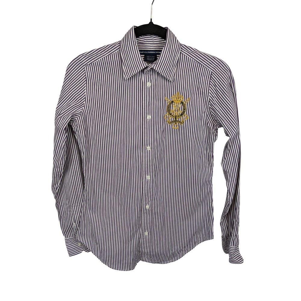 Ralph Lauren Sport Purple Striped Crest Button Down Shirt Womens 2 Cotton Logo